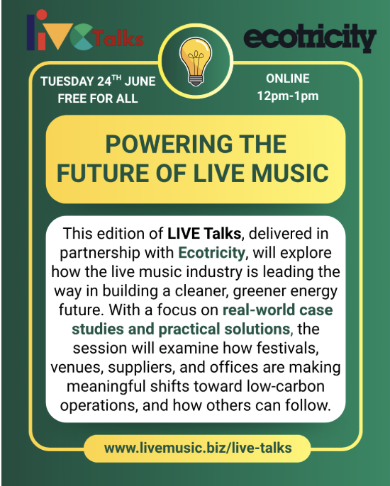 LIVE Talks teams up with Ecotricity to spotlight real solutions for reducing carbon in live events. Learn how venues, festivals &amp; suppliers are switching to renewable energy. 
Sign up for free here : skiddle.com/e/41110891