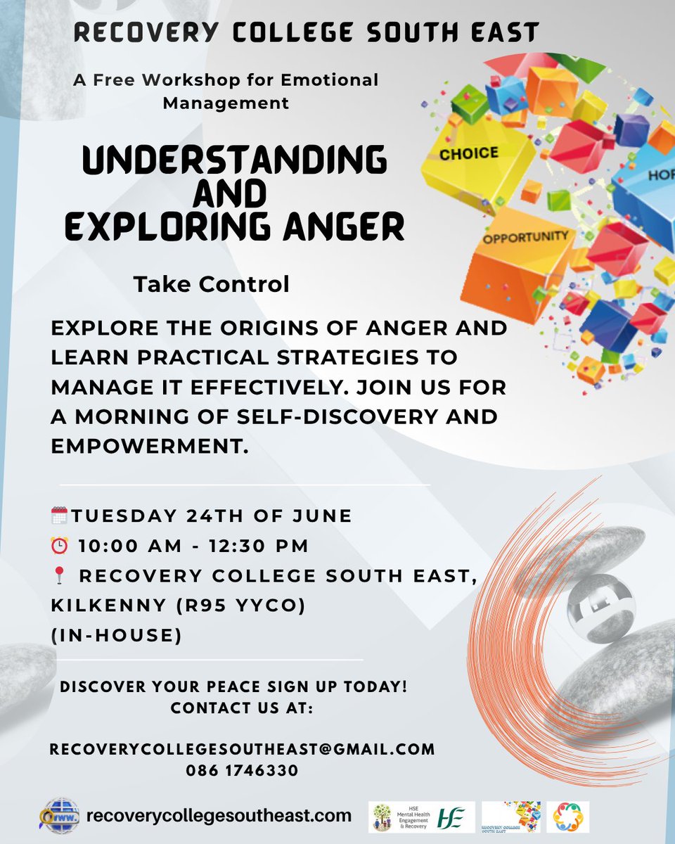 Recovery College SE (@recoveryse) on Twitter photo 📢 FREE Workshop: Understanding & Exploring Anger. Learn to manage emotions & find calm. Tues, June 24th, 10am-12:30pm @ Recovery College SE, Kilkenny. Call 0861746330 or recoverycollegesoutheast@gmail.com
#AngerManagement #EmotionalWellness #Kilkenny 📢 FREE Workshop: Understanding & Exploring Anger. Learn to manage emotions & find calm. Tues, June 24th, 10am-12:30pm @ Recovery College SE, Kilkenny. Call 0861746330 or recoverycollegesoutheast@gmail.com
#AngerManagement #EmotionalWellness #Kilkenny