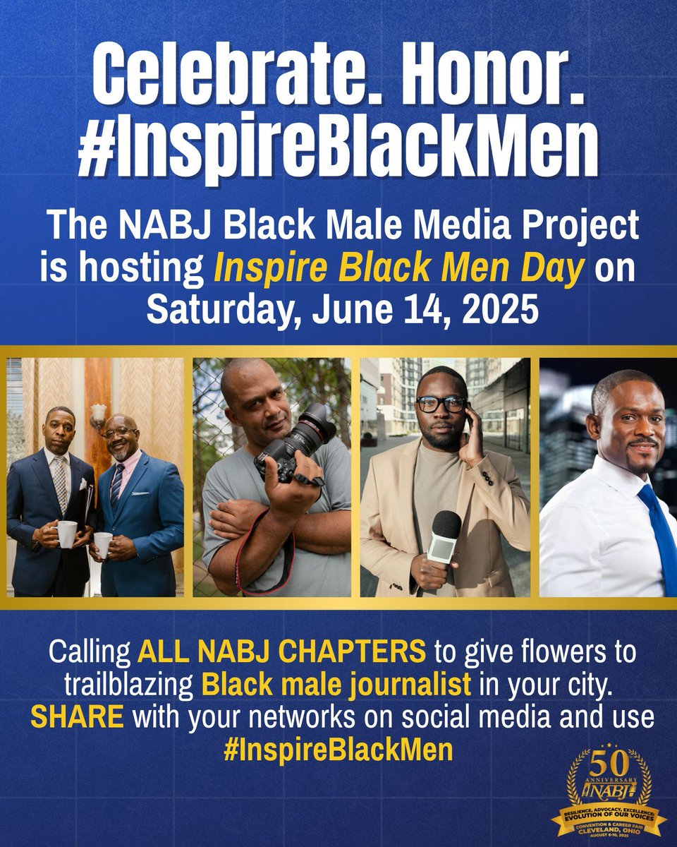 The NABJ Black Male Media Project is hosting its annual Inspire Black Men Day this Saturday, June 14th. We're calling on NABJ chapters to shout out and celebrate Black male journalists who did it first or who are and have been trailblazing in their city. #InspireBlackMen