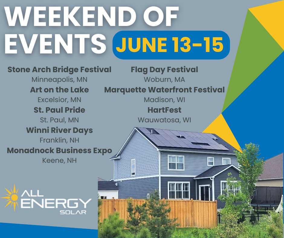 The #sun is shining, and you could be saving on your #electric bill!☀️⚡ Find us at any of these events this weekend and start our #solar journey. See you there! 😎
Get a FREE quote here: hubs.la/Q03rN9rs0
#sustainability #summer #minnesota
