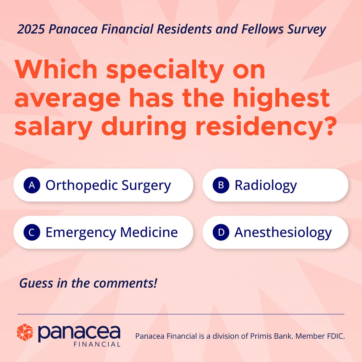 Pan_Financial's tweet image. Our 2025 Residents & Fellows Survey revealed which specialty earned the highest average salary during residency. 💸
Comment your guess!