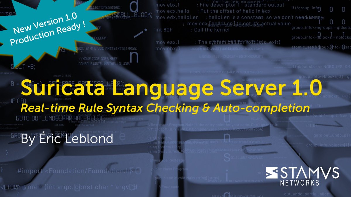 #Suricata Language Server (SLS) 1.0 is live! 🚀
• Auto-completion
• Real-time diagnostics
• Integrated docs
Free, open source, and works in VS Code &amp; NeoVim.
Supercharge your IDS rule writing today: hubs.la/Q03rRCvq0 #stamusnetworks #CyberSec