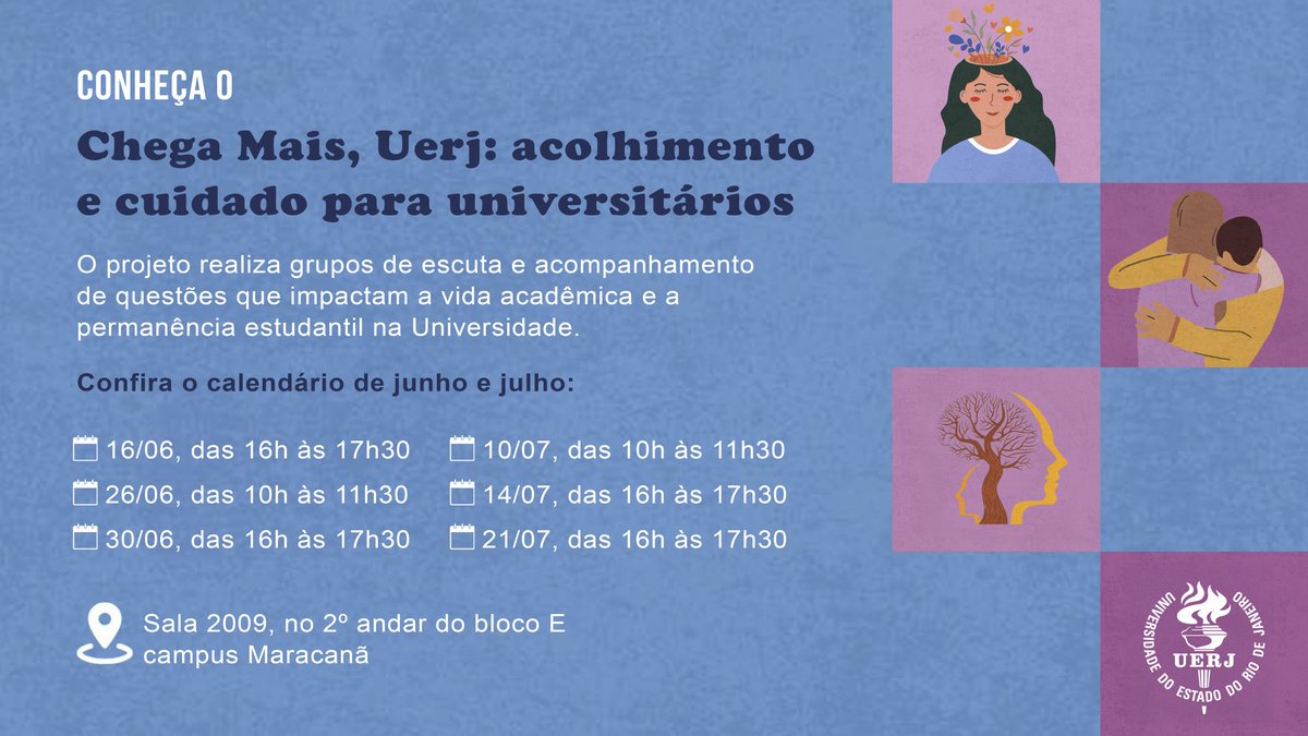 Você conhece o “Chega Mais, Uerj: acolhimento e cuidado para universitários”? O projeto realiza, semanalmente, grupos de escuta, acolhimento e acompanhamento de questões que impactam a vida acadêmica e a permanência estudantil na Universidade.