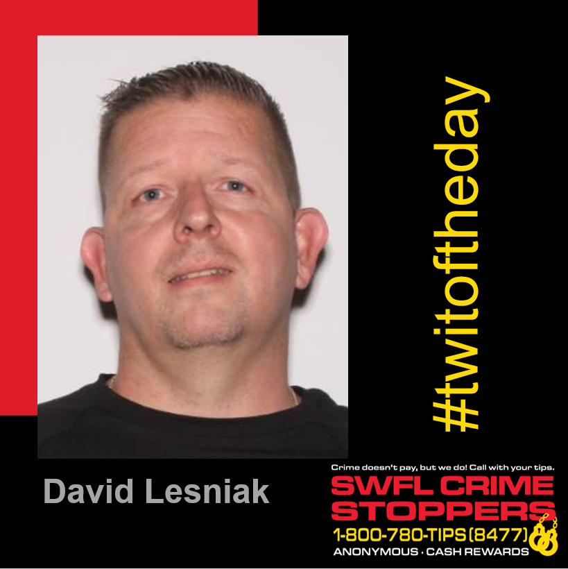 SWFL Crime Stoppers (@swflcrime8477) on Twitter photo Monday's #Twitoftheday is David Lesniak, wanted for grand theft by the <a href="/CollierSheriff/">CollierCountySheriff</a>. If you have any info on his whereabouts, send us your #anonymous tip to southwestfloridacrimestoppers.com or 1-800-780-TIPS (8477). If your tip leads to his arrest, we'll pay a cash reward! #fugitive Monday's #Twitoftheday is David Lesniak, wanted for grand theft by the <a href="/CollierSheriff/">CollierCountySheriff</a>. If you have any info on his whereabouts, send us your #anonymous tip to southwestfloridacrimestoppers.com or 1-800-780-TIPS (8477). If your tip leads to his arrest, we'll pay a cash reward! #fugitive