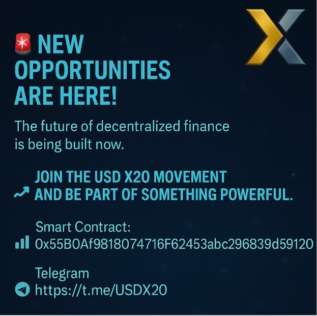 usdx20's tweet photo. 🚨 New Opportunities Are Here!
The future of decentralized finance is being built now.
🔗 Join the USD X20 movement and be part of something powerful.
📈 Smart Contract: 0x55B0fAf9818074716F622453abc296839d559120
📲 Telegram: https://t.co/jBbHrtdttP
🐦 Twitter: https://t.co/EG2RAO7hQ2
#USDX20 #Crypto #DeFi #Blockchain #BSC #Altcoin #Web3