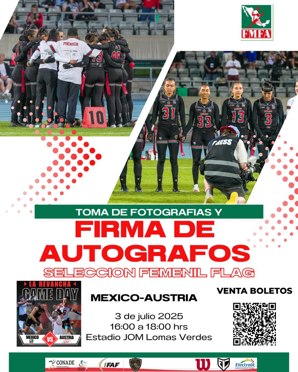 La Selección Nacional Femenil dará una convivencia con firma de autógrafos y fotografías al público asistente, además de la venta de merch de la Selección. 
fmfa.mx/la-revancha/