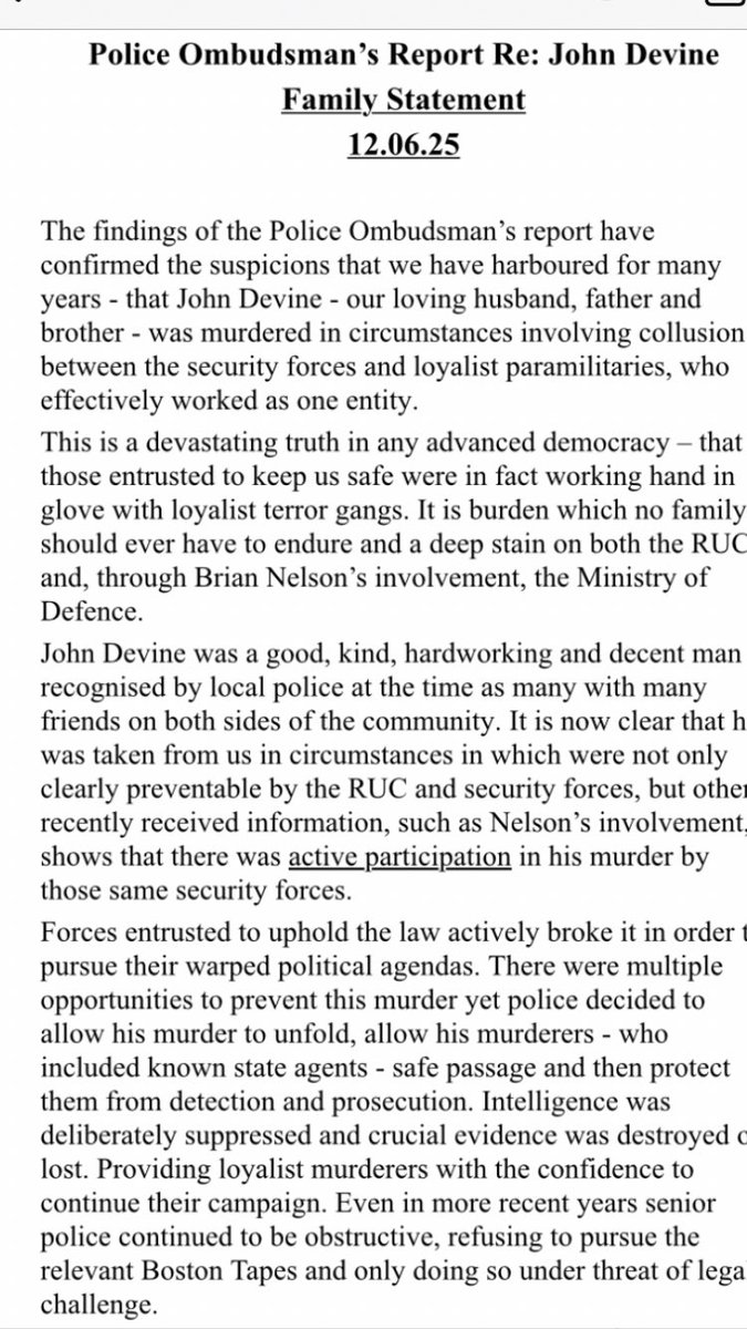 OMuirighSols's tweet image. Devine family statement re: Police Ombudsman investigation relating to the murder of John Devine on 23rd July 1989👇