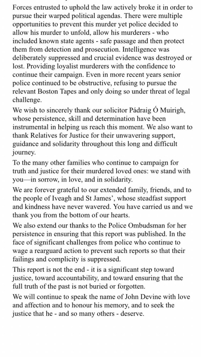 OMuirighSols's tweet image. Devine family statement re: Police Ombudsman investigation relating to the murder of John Devine on 23rd July 1989👇