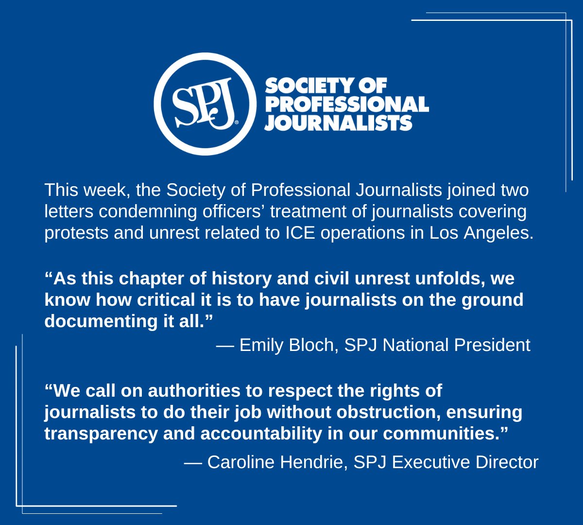 Society of Professional Journalists (@spj_tweets) on Twitter photo SPJ and its chapters <a href="/SPJLA/">SPJLA</a>, <a href="/SPJ_NorCal/">SPJ NorCal Chapter @spj-norcal.bsky.social</a> and <a href="/sdspj/">SanDiego SPJ</a> have joined letters led by <a href="/FACoalition/">First Amendment Coalition</a>, <a href="/LAPressClub/">LA Press Club</a> and <a href="/FreedomofPress/">Freedom of the Press</a> expressing concern over officers’ treatment of journalists covering protests related to ICE operations in LA.
Read more: spj.org/spj-joins-effo… SPJ and its chapters <a href="/SPJLA/">SPJLA</a>, <a href="/SPJ_NorCal/">SPJ NorCal Chapter @spj-norcal.bsky.social</a> and <a href="/sdspj/">SanDiego SPJ</a> have joined letters led by <a href="/FACoalition/">First Amendment Coalition</a>, <a href="/LAPressClub/">LA Press Club</a> and <a href="/FreedomofPress/">Freedom of the Press</a> expressing concern over officers’ treatment of journalists covering protests related to ICE operations in LA.
Read more: spj.org/spj-joins-effo…