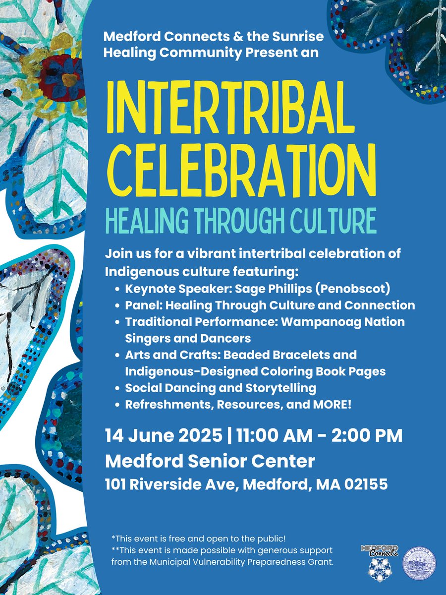 Join Medford Connects and the Sunrise Healing Community for an Intertribal Celebration this Sat., 6/14 from 11a-2p at the Medford Senior Center.

This celebration of indigenous culture includes a traditional performance, arts &amp; crafts, a keynote presentation, refreshments &amp; more!