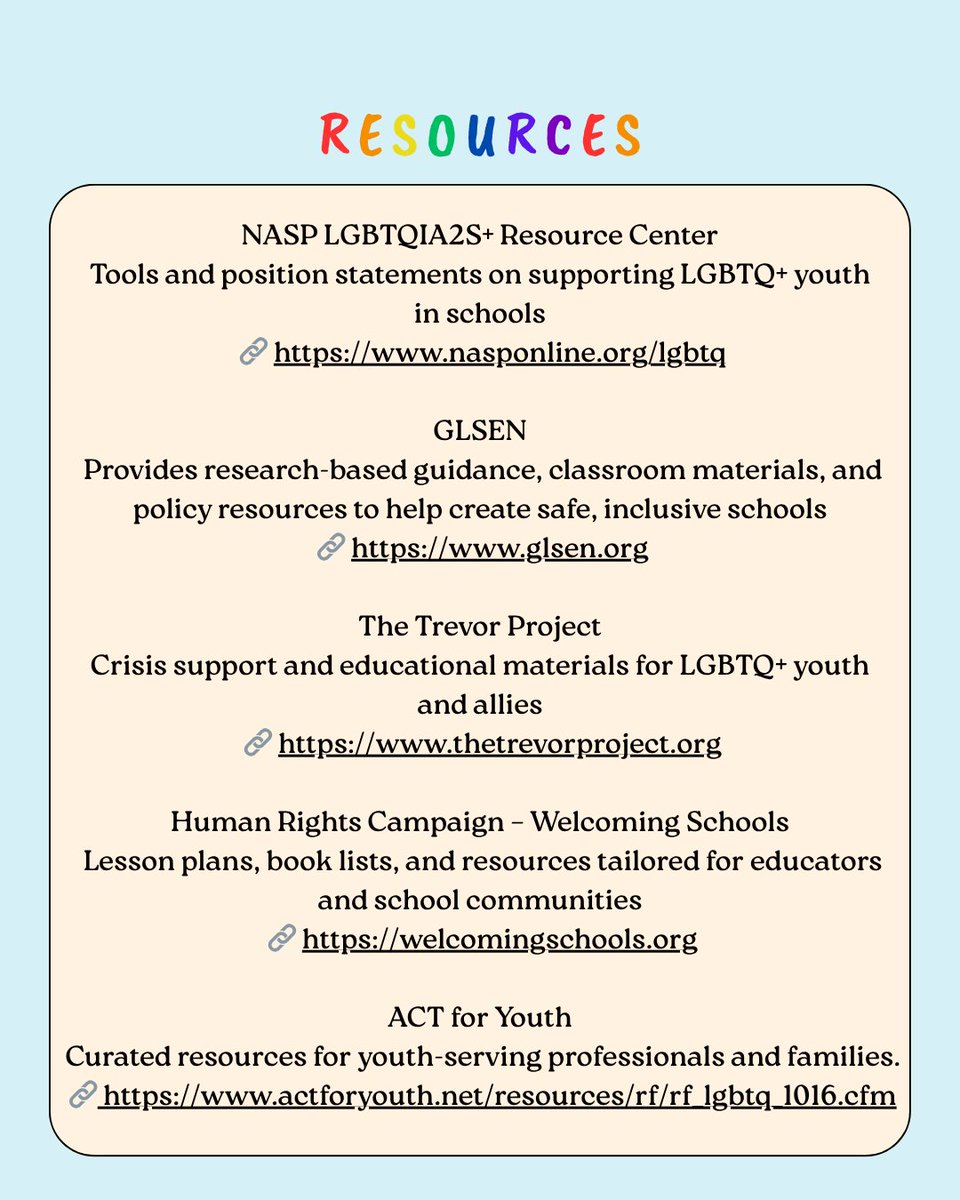 June is #PrideMonth! As future school psychs, we’re committed to safe, inclusive spaces where all students, staff &amp; families feel seen &amp; supported.

Let’s uplift LGBTQ+ voices every day. 💛
🔗 nasponline.org/lgbtq
#SchoolPsych #InclusionMatters #USMGradSchool