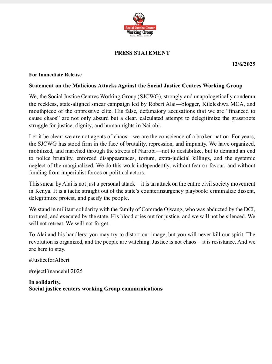 Statement on the malicious attacks against the SJCWG and the larger civil society led by Robert Alai, a blogger, Kileleshwa MCA, and mouthpiece of the oppressive elite. 
socialjusticecentrewg.org/statement-on-t…