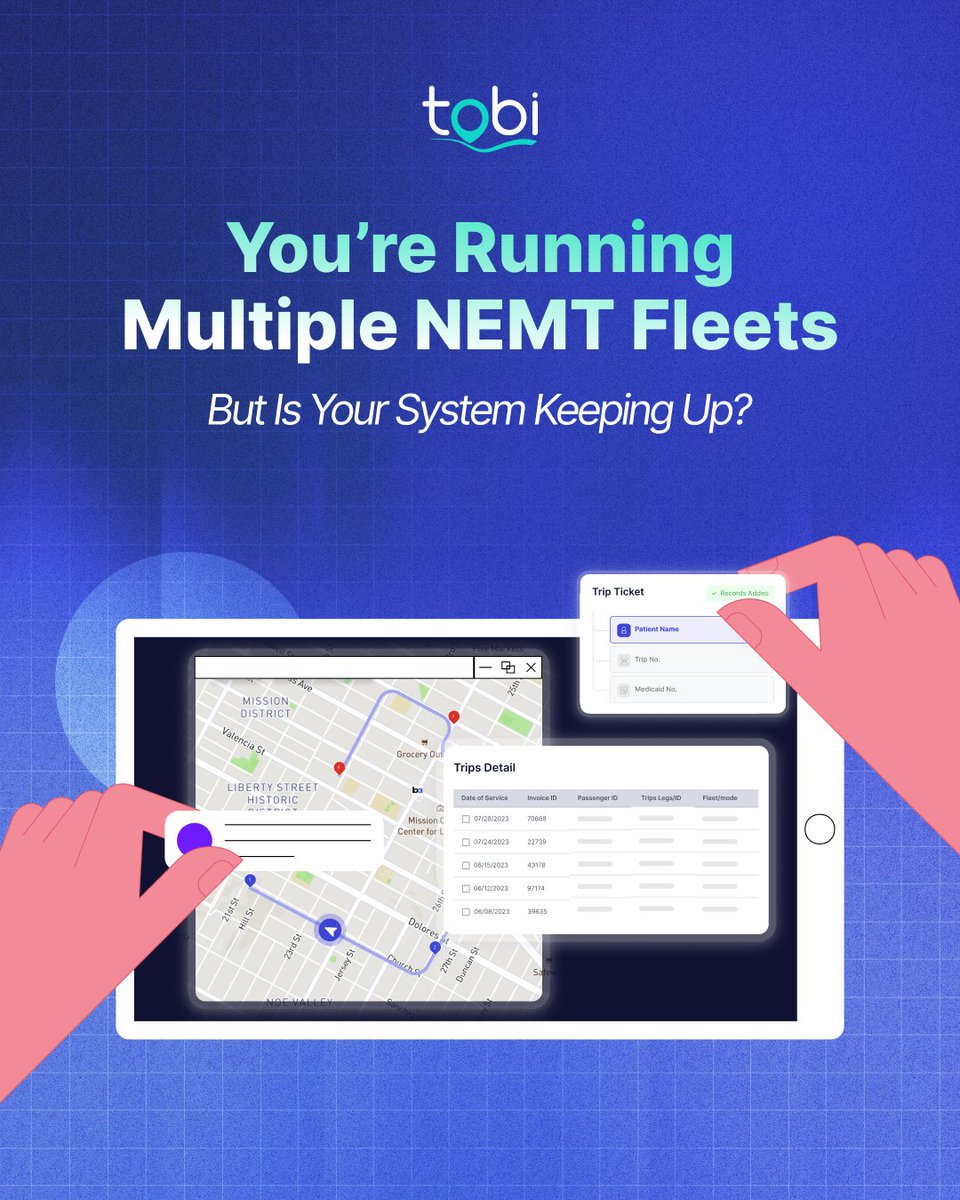 TobiSoftware's tweet image. Running multiple NEMT fleets? It doesn’t have to feel like chaos. 🛑🚐
Tobi helps you simplify scheduling, dispatch, and billing across all your locations.

Start managing more with less stress.
👉 tobicloud.com/youre-running-…

#NEMT #FleetManagement #TobiSoftware