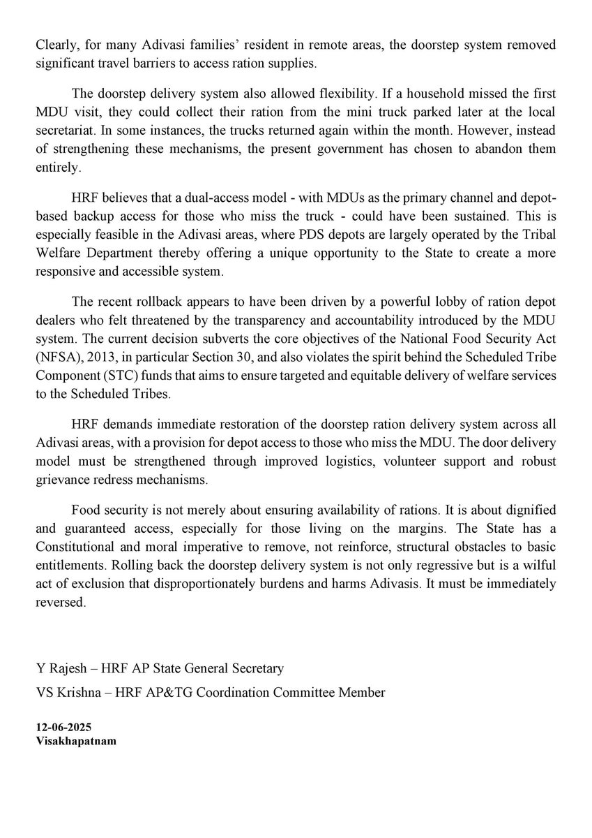 Gutta Rohith (@gutta_rohith) on Twitter photo HRF expresses deep concern over the AP government’s recent dismantling of the doorstep delivery system for public distribution of rations. This move will severely undermine the food security of Adivasi communities, particularly those in remote and interior villages of the State. HRF expresses deep concern over the AP government’s recent dismantling of the doorstep delivery system for public distribution of rations. This move will severely undermine the food security of Adivasi communities, particularly those in remote and interior villages of the State.