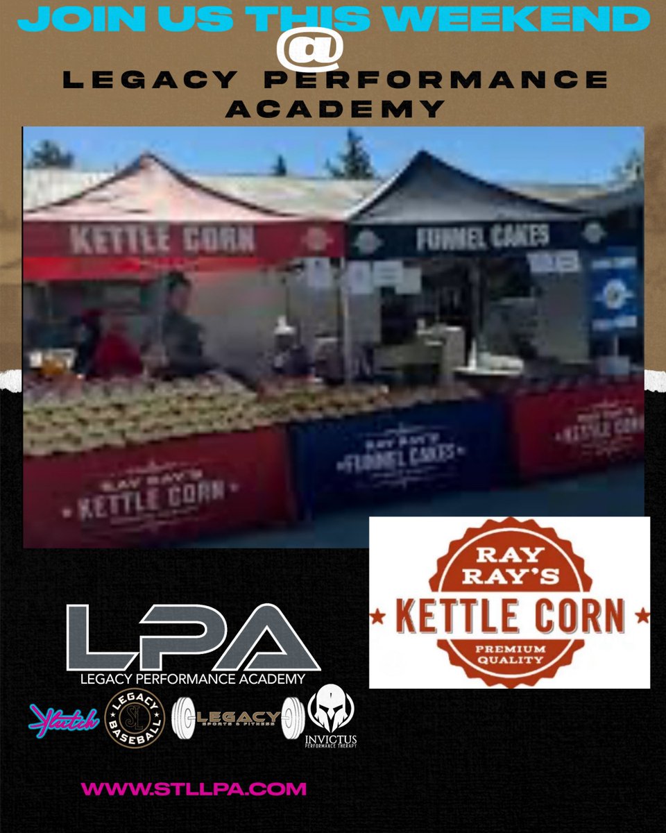 stllpa's tweet image. Ray Ray&apos;s Kettle Corn and Funnel Cakes will be at Legacy Performance Academy this weekend! Stop by and enjoy the food! #RayRaysKettle