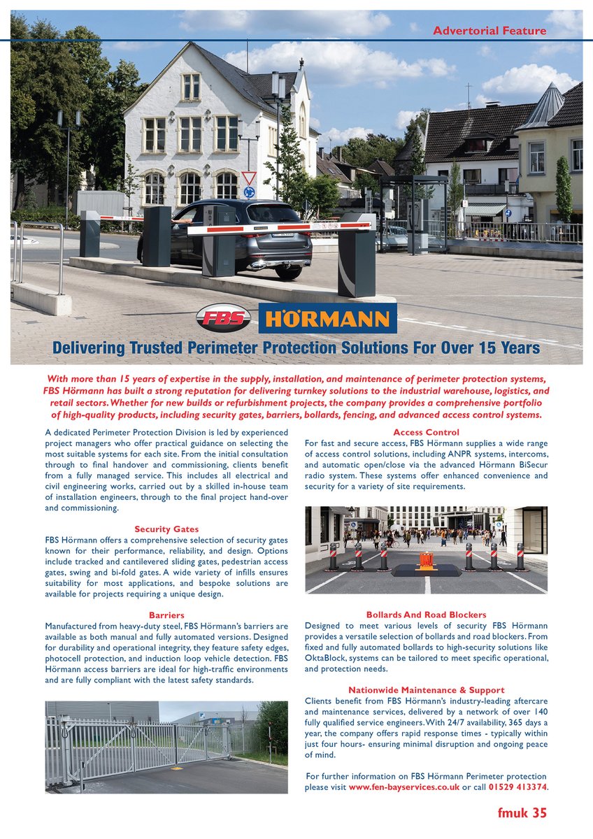 Latest Issue 📰: FBS Hörmann has built a strong reputation for delivering #turnkey perimeter #protection solutions to the industrial #warehouse, #logistics, and #retail sectors.

➡️fmuk-online.co.uk/fbs-hormann-de…
#facman #FacilitiesManagement #security #safety #installation #maintenance