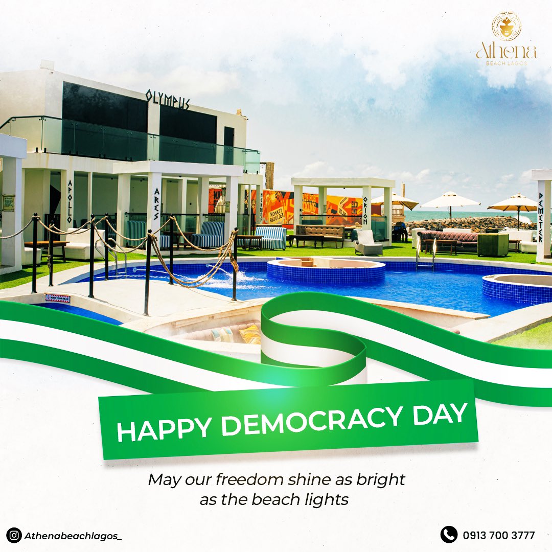 🇳🇬 Happy Democracy Day from all of us at Athena Beach Lagos!
Freedom is best celebrated where luxury meets the ocean breeze 🌊✨

Ready to live the good life?
Join our exclusive membership and unlock access to paradise year-round.

📞 Call 0913 700 3777
📧: <a href="/Athenabeach_/">Athena Beach Lagos</a>