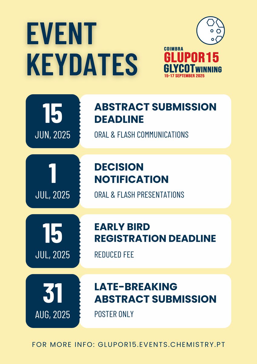 ⏰ Only 3 days left to submit an abstract for oral/flash presentations for #GLUPOR15GlycoTwinning📍 Coimbra, 🇵🇹 | 📅 Sept 15–17, 2025. 🔬 Join us at one of Europe’s key glycoscience events jointly organized by <a href="/cnc/">cnc</a>.uc, @laqvrequimte, @ucibio_science,<a href="/spquimica/">SPQ</a>  Deadline: June 15