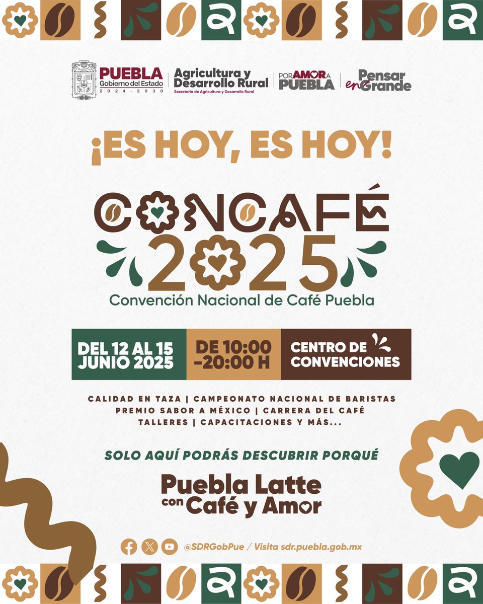 ¡Es hoy, es hoy!

Arranca la Convención Nacional de Café 2025, no te lo puedes perder. ☕🎉
Te esperamos en el Centro de Convenciones de 10:00 a 20:00 hrs para vivir una experiencia llena de aroma, sabor y pasión por el café mexicano.

#PorAmorAPuebla #CONCAFÉ2025 #PueblaLatte