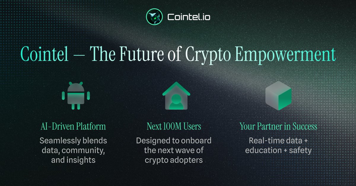 Cointel_io's tweet photo. Welcome to COINTEL — a cutting-edge, AI-driven crypto platform. 🚀

We’re here to empower every user with the tools, insights, and community they need to succeed.

Let’s dive into how we’re reshaping the crypto landscape, one feature at a time. 🌐 https://t.co/Dmn5WdCaw9