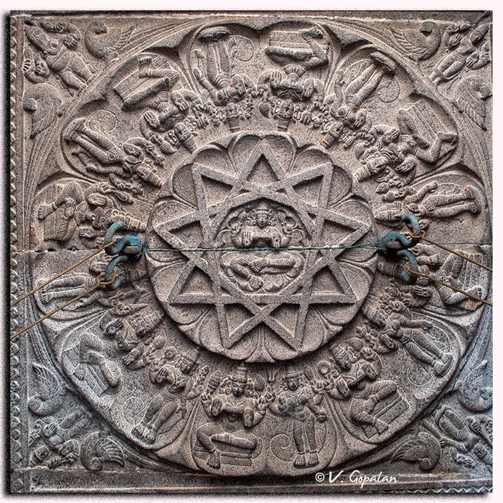 TheGopalan's tweet photo. This panel is a masterpiece from Marundeeswarar temple, Thiruvanmayur, Chennai. 

It is on the ceiling just outside the Tripurasundari sannadhi.

Mahalakshmi is at the center of the Sri Chakram (?) and there are sixteen Goddesses in sixteen directions around Her!

And four Gods, at each corner - of whom I can identify only Ganesha.

This masterpiece is spoiled by the barbarians who maintain this temple. They have grilled two massive hooks and broken two Lakshmis permanently!

In what way these guys are different from the invaders who defaced 1000s of our sculptures?

Zoom in to see the beauty! 

Mr. @trramesh !