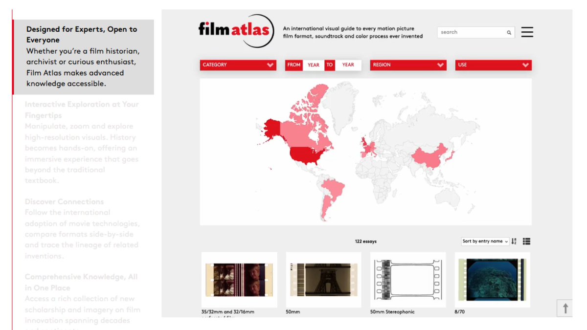 Saludamos el lanzamiento de Film Atlas filmatlas.com, un sitio web que documenta la historia del cine como medio físico y ofrece una guía visual de formatos cinematográficos, bandas sonoras, 3D y procesos de color, desde los inicios del cine hasta la actualidad