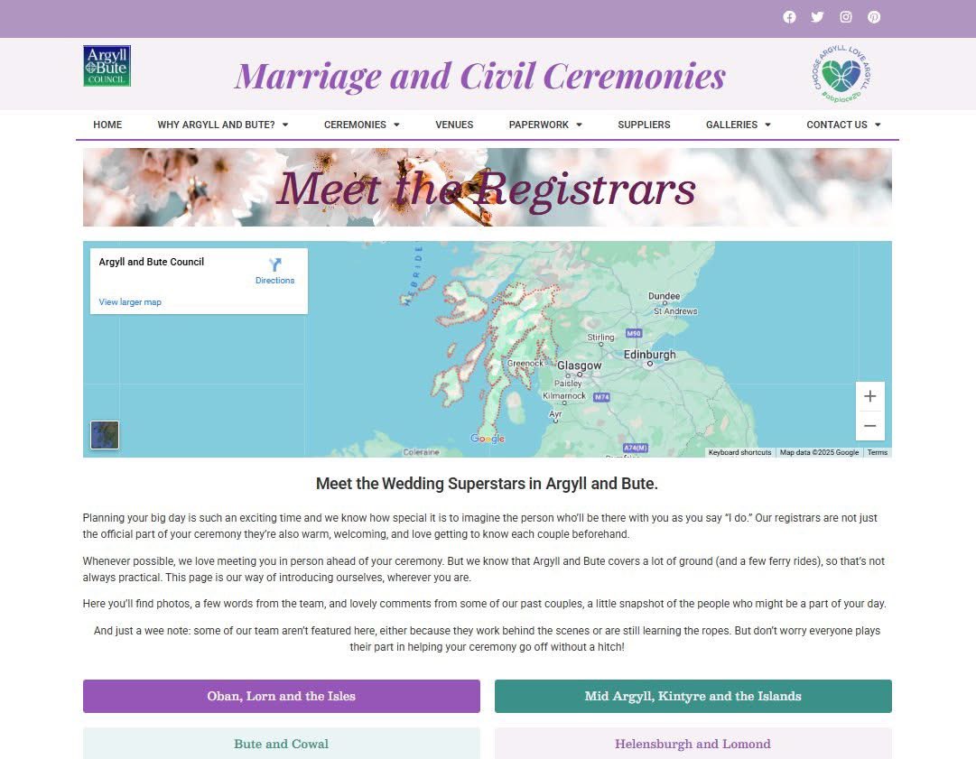 abregistrars's tweet image. argyll-bute.gov.uk/marriage/regis…
Our registrars aren’t just there for the official bit — they’re warm, welcoming, and love getting to know each couple before the big day. We’re always happy to arrange a Teams call so we can chat face to face, no matter where you are. #abplace2wed