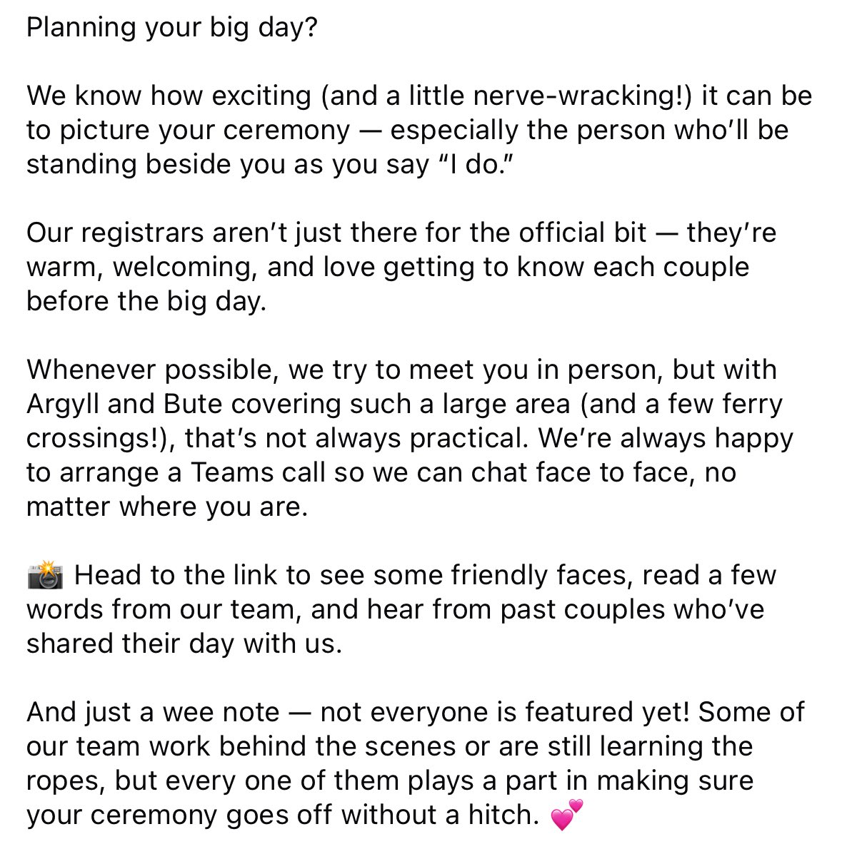 abregistrars's tweet image. argyll-bute.gov.uk/marriage/regis…
Our registrars aren’t just there for the official bit — they’re warm, welcoming, and love getting to know each couple before the big day. We’re always happy to arrange a Teams call so we can chat face to face, no matter where you are. #abplace2wed