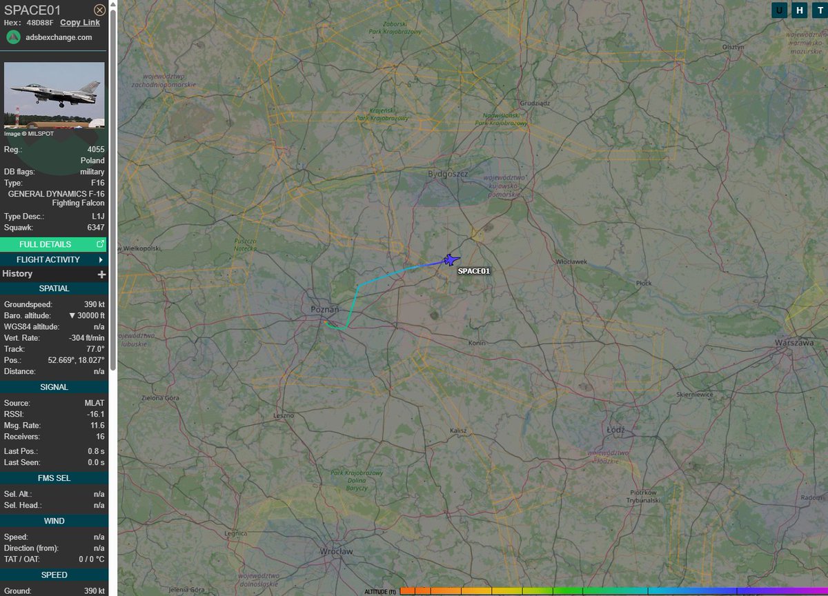 PolishMilRadar's tweet photo. 📅12.06⌚️17:27LT
✈️ #SPACE01 Lockheed Martin F-16C Sił Powietrznych RP 🇵🇱 widoczny na radarze, po starcie z bazy w Krzesinach #EPKS, kieruje się na północny wschód
🔗https://t.co/MvbVQ24QfA
#POLMILRADAR https://t.co/Kv7SL2V9gN