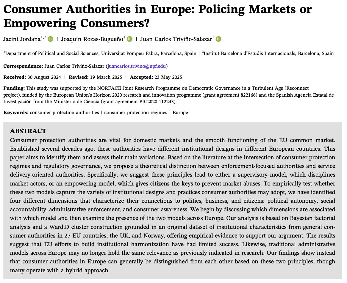 Governance Journal (@gov_journal) on Twitter photo New in Governance: Consumer Authorities in Europe: Policing Markets or Empowering Consumers?
From: <a href="/JacintJordana/">Jacint Jordana</a>, Joaquin Rozas-Bugueño, <a href="/juancarlos_triv/">Juan Carlos Triviño-Salazar</a>
onlinelibrary.wiley.com/doi/full/10.11… New in Governance: Consumer Authorities in Europe: Policing Markets or Empowering Consumers?
From: <a href="/JacintJordana/">Jacint Jordana</a>, Joaquin Rozas-Bugueño, <a href="/juancarlos_triv/">Juan Carlos Triviño-Salazar</a>
onlinelibrary.wiley.com/doi/full/10.11…