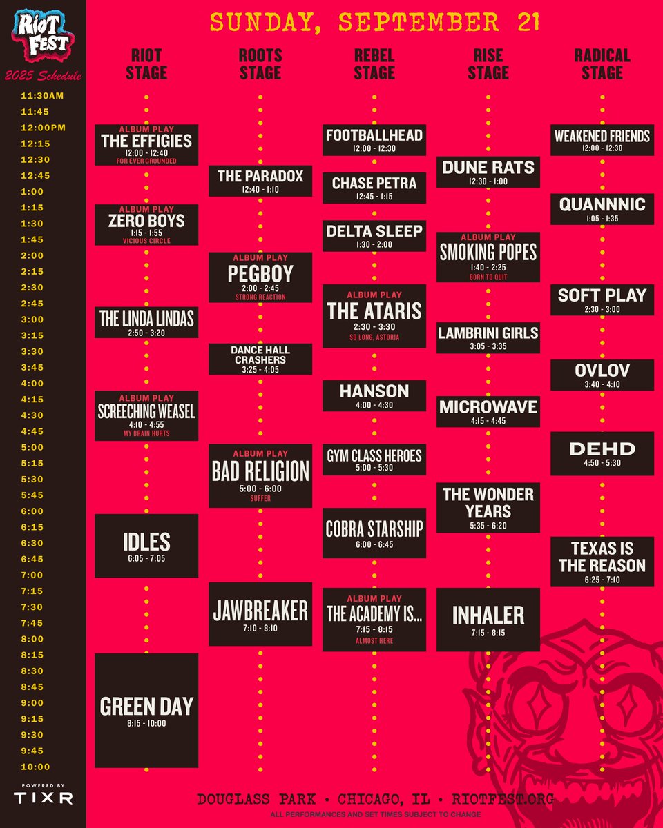 This just in …Riot Fest daily schedules are out (Fri Sept. 19, Sat Sept 20, Sun Sept 21) …grab your ticket(s) now riotfest.org/chicago/ticket…