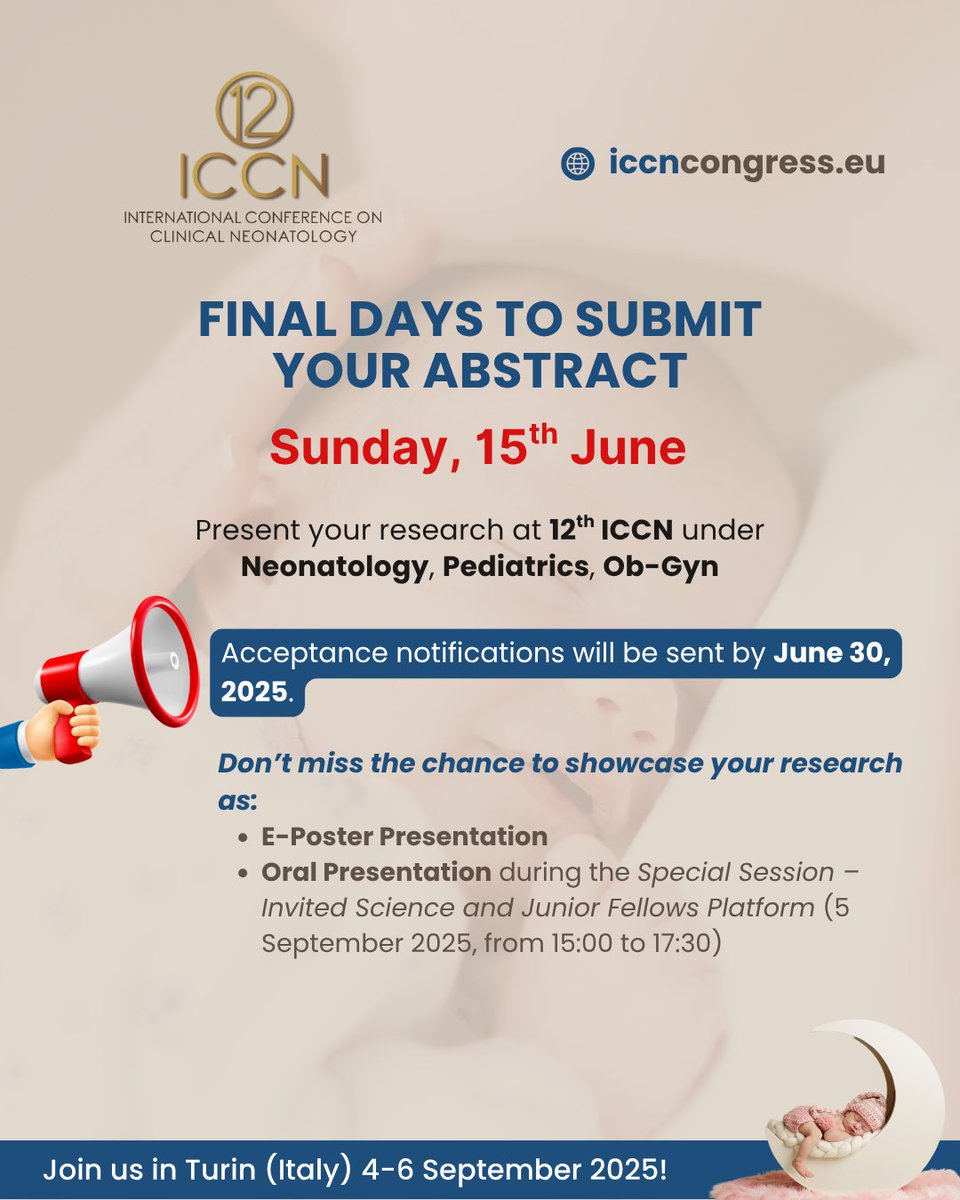 ICCN_Congress's tweet image. Take advantage of this weekend to submit your abstract by Sunday, 15 June.
Does your research covers any topics in #Neonatology, #Pediatrics, #Perinatology, or #Obstetrics-Gynecology. Oral and e-poster presentations available.#iccn2025
Submit now✅: bit.ly/ICCN-ABSTRACT