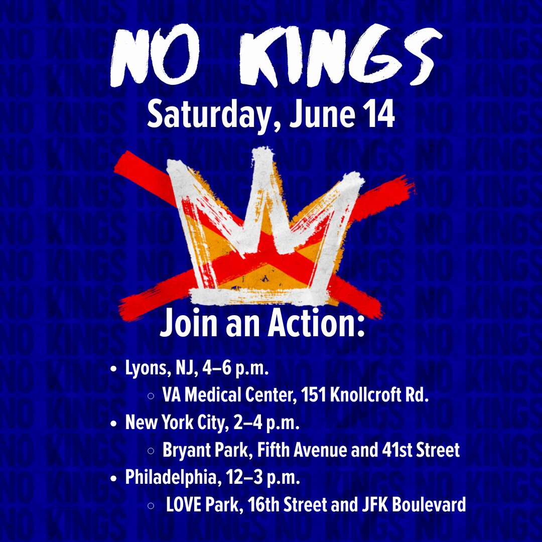 🗣️ 📣  #NoKings ❌ 👑 actions this Saturday, June 14.
Join your union colleagues to protest the Trump admin’s lawless assault on us all. Say NO to authoritarian power grabs.
📍 Lyons, NJ: 4–6pm
📍 NYC: 2–4pm
📍 Philly: 12–3pm
RSVP: loom.ly/8WIgUR8
