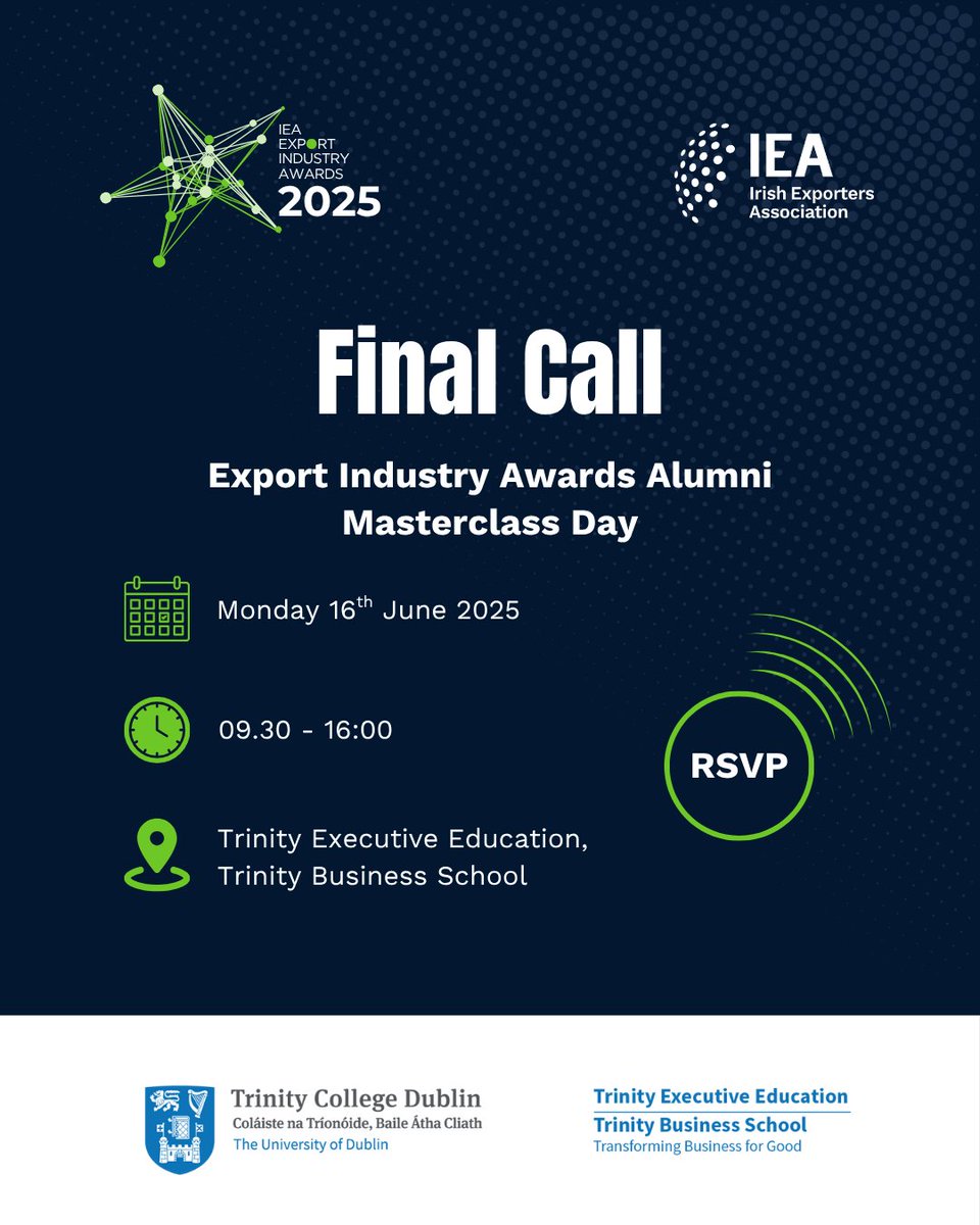 Irish Exporters (@irishexporters) on Twitter photo ⏰ 4 days to go!
Get your tickets to #2025ExportIndustryAwards Alumni Masterclass.
Limited seats available on Eventbrite 🎟️
hubs.la/Q03rSRZ_0
In partnership with <a href="/tcddublin/">Trinity College Dublin</a>, <a href="/TCDBusiness/">Trinity Business School</a> ⏰ 4 days to go!
Get your tickets to #2025ExportIndustryAwards Alumni Masterclass.
Limited seats available on Eventbrite 🎟️
hubs.la/Q03rSRZ_0
In partnership with <a href="/tcddublin/">Trinity College Dublin</a>, <a href="/TCDBusiness/">Trinity Business School</a>