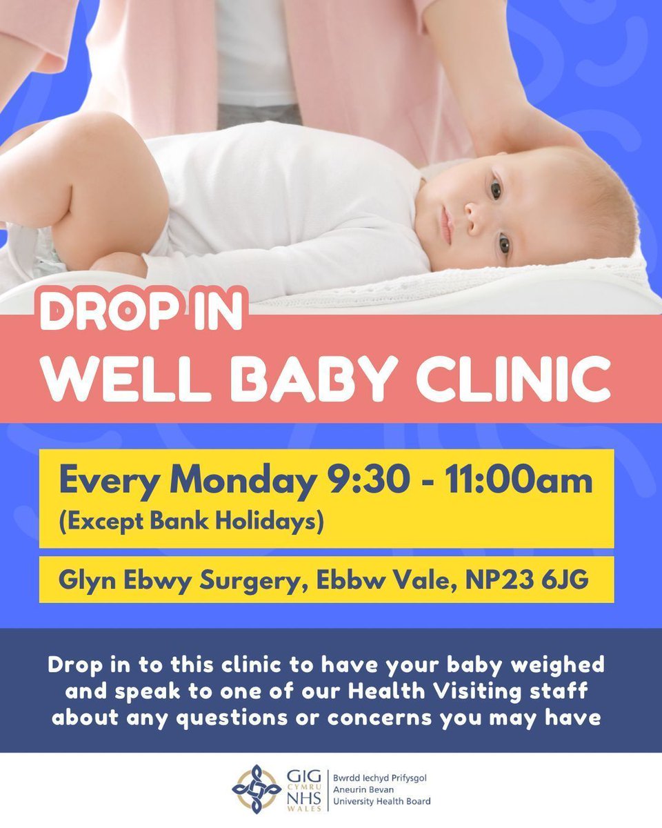 New Drop In Well Baby Clinic at Glyn Ebwy Surgery! Every Monday 9:30 - 11:00 (except bank holidays).

Drop in to this clinic to have your baby weighed and speak to one of our Health Visiting staff about any questions or concerns you may have. No appointment needed.