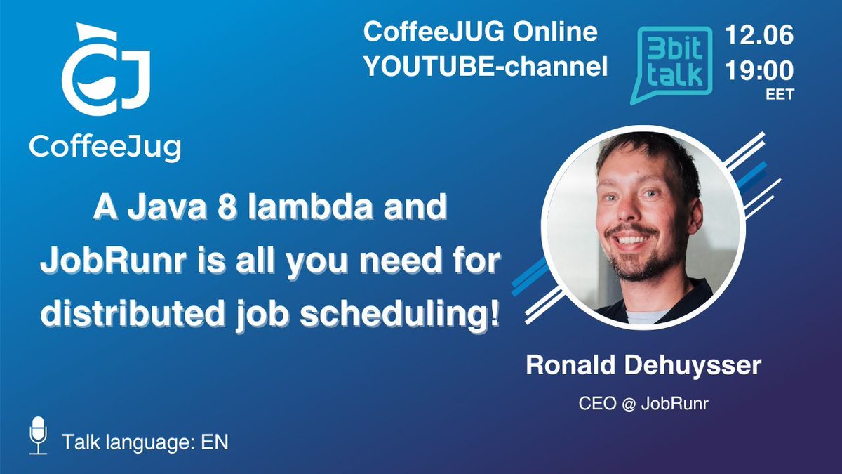 CoffeeJug (@coffeejug) on Twitter photo We are going to talk about "A Java 8 lambda and JobRunr is all you need for distributed job scheduling!" with Ronald Dehuysser, CEO (Chief Everything Officer ☺️) @ JobRunr #CoffeeJUG #JUG #JobRunr
Join us online youtube.com/live/BNVecDWIu… We are going to talk about "A Java 8 lambda and JobRunr is all you need for distributed job scheduling!" with Ronald Dehuysser, CEO (Chief Everything Officer ☺️) @ JobRunr #CoffeeJUG #JUG #JobRunr
Join us online youtube.com/live/BNVecDWIu…