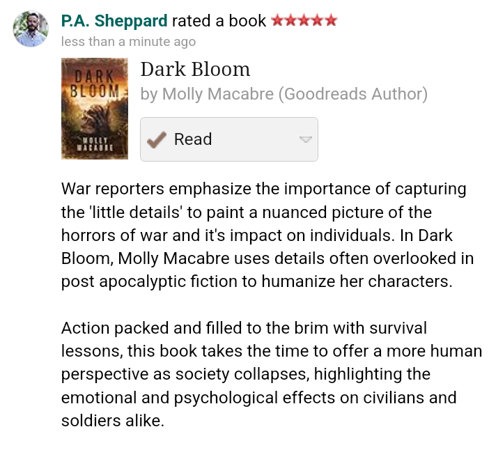 Paul Sheppard (@writingnomad999) on Twitter photo My #bookreview of Dark Bloom by <a href="/Molly_Macabre_/">Molly Macabre</a>
#horrorbooks #Zombies #survivalhorror #writingcommunity #BookRecommendations <a href="/DarkVeilSociety/">The Dark Veil Society</a> My #bookreview of Dark Bloom by <a href="/Molly_Macabre_/">Molly Macabre</a>
#horrorbooks #Zombies #survivalhorror #writingcommunity #BookRecommendations <a href="/DarkVeilSociety/">The Dark Veil Society</a>