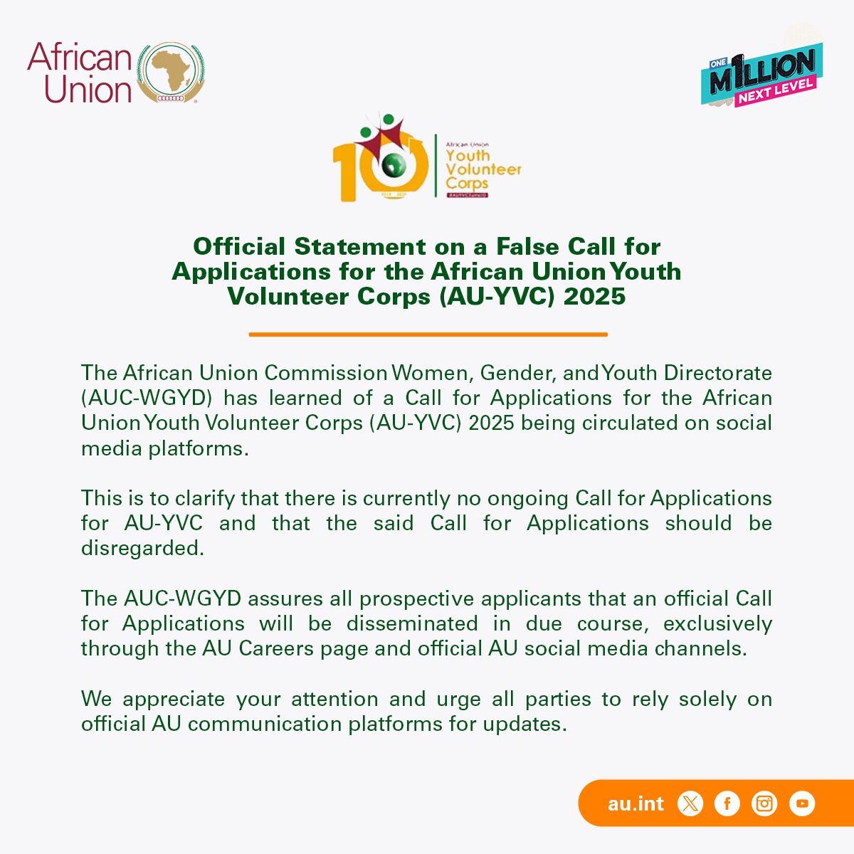 📢 Official Statement on a False Call for Applications for the African Union Youth Volunteer Corps (AU-YVC) 2025