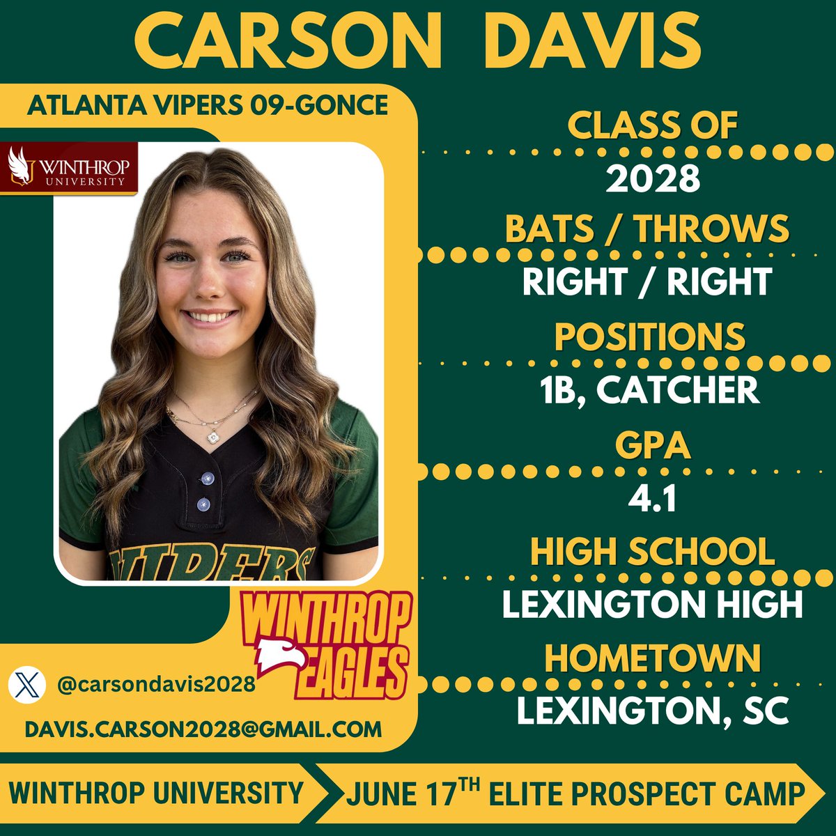 Atlanta Vipers '09-Gonce (@vipersgonce) on Twitter photo 📢 Winthrop University Softball! Our #23 Carson Davis (<a href="/carsondavis2028/">Carson Davis</a>) is excited to showcase her 🥎 skills at the <a href="/Winthropsoftbal/">Winthrop Softball</a> Elite Prospect Camp on June 17th! LET'S GO Carson! #Superstar #bethestandard #ViperNation
<a href="/CoachFuller7/">Coach Fuller</a> <a href="/CoachMoWyatt/">Morgan Wyatt</a> <a href="/peytondarnell11/">peyton darnell</a> 📢 Winthrop University Softball! Our #23 Carson Davis (<a href="/carsondavis2028/">Carson Davis</a>) is excited to showcase her 🥎 skills at the <a href="/Winthropsoftbal/">Winthrop Softball</a> Elite Prospect Camp on June 17th! LET'S GO Carson! #Superstar #bethestandard #ViperNation
<a href="/CoachFuller7/">Coach Fuller</a> <a href="/CoachMoWyatt/">Morgan Wyatt</a> <a href="/peytondarnell11/">peyton darnell</a>