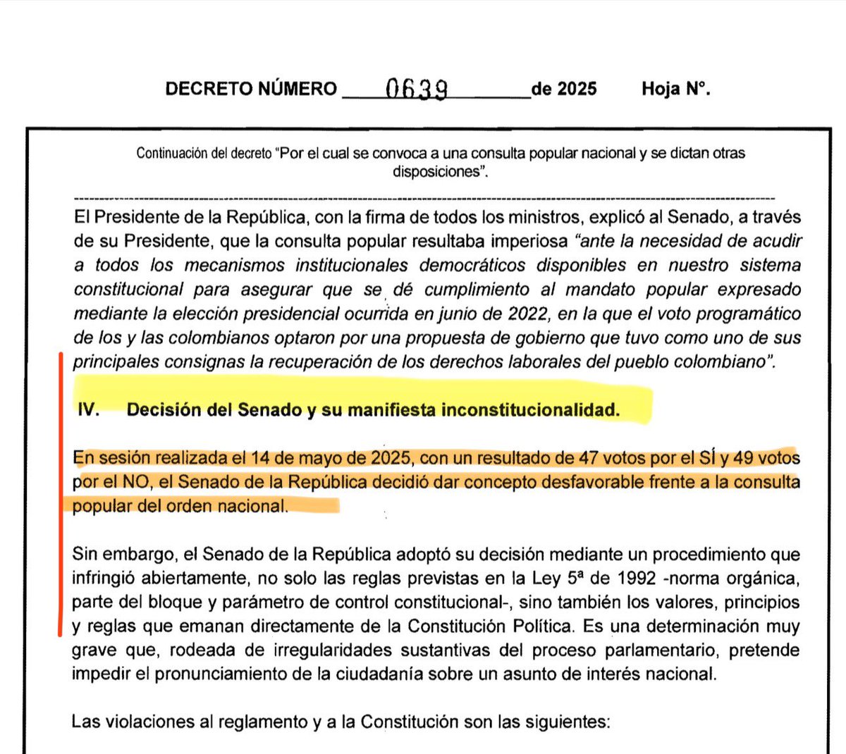 LeonardoHuertaG's tweet photo. El @SenadoGovCo se pronunció negativamente sobre la consulta popular presidencial. La @CConstitucional en Sentencia C-180/23 reiteró que ese concepto es obligatorio y vinculante, y que su desconocimiento por parte del poder Ejecutivo vulnera la separación de poderes. El acto del legislador goza de presunción de legalidad, y su eventual invalidez solo puede declararla la rama judicial, no el Gobierno.

La @CorteIDH ha sido clara: “La concentración del poder y la falta de control interinstitucional son violaciones del orden democrático” (CIDDHH Caso Tribunal Constitucional vs. Perú, 2001). ¡Quien representa la unidad nacional no puede suplantar al Congreso ni a los tribunales pretendiendo un control por vía de hecho! El camino en #Democracia siempre es el derecho #UnaNuevaHistoria es con argumentos