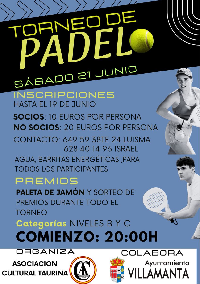 Torneo de Pádel 🎾🥎 21 de Junio a partir de las 20:00 ⏰organizado por @act_villamanta

👉 Inscripciones  hasta el 19 de Junio 
👉 Colabora Ayuntamiento Villamanta 

#villamanta
#torneodepadel
#actvillamanta