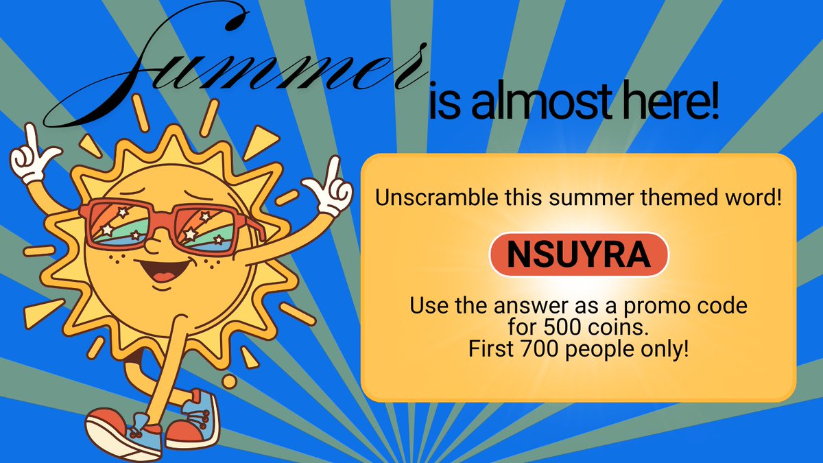 CointiplyFaucet's tweet image. ☀️ Summer is almost here!

🔡 Unscramble this word: NSUYRA

Hint: It’s the season of sunshine 😎

Use the answer as a promo code to claim 500 coins — first 700 users only!
#FirstDaysOfSummer #CointiplyBonus #WordScramble