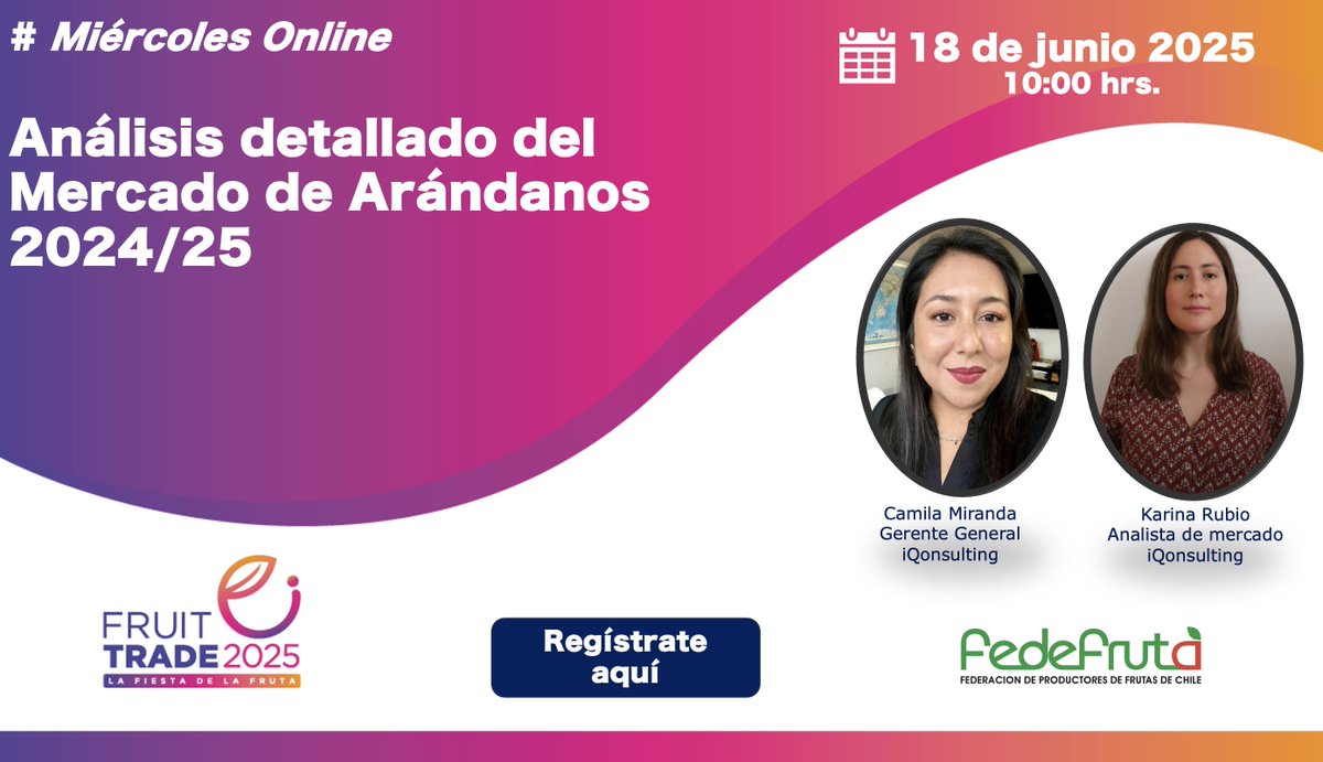 Fedefruta (@fedefruta) on Twitter photo 🫐 "Análisis detallado del Mercado de Arándanos 2024/25", será el tema de nuestro próximo
#MiércolesOnline.
🗓️ 18 de junio de 2025.
🕙 10:00 horas.
Inscríbete aquí: us06web.zoom.us/meeting/regist…
<a href="/iQonsulting/">iQonsulting</a> 🫐 "Análisis detallado del Mercado de Arándanos 2024/25", será el tema de nuestro próximo
#MiércolesOnline.
🗓️ 18 de junio de 2025.
🕙 10:00 horas.
Inscríbete aquí: us06web.zoom.us/meeting/regist…
<a href="/iQonsulting/">iQonsulting</a>