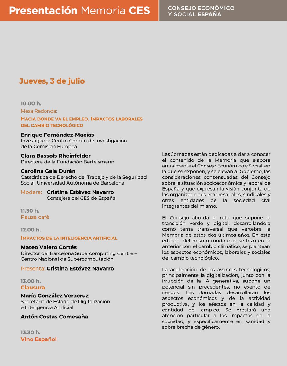▶️"El futuro es hoy. El cambio tecnológico y su impacto socioeconómico"

🗓️ 2 y 3 de julio

📌Sede del CES

Inscripciones: ces.es/inscripcion/