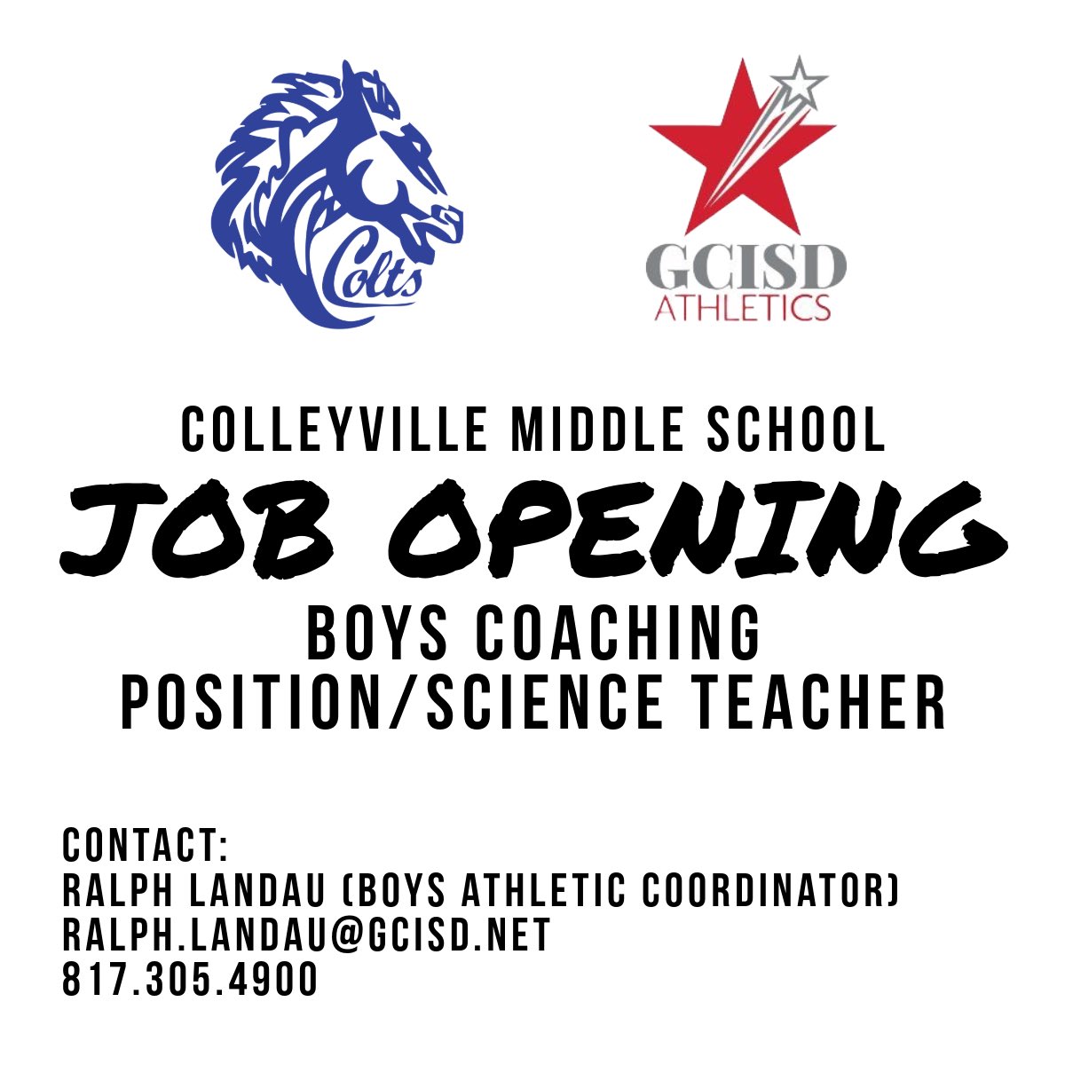 GCISD Athletics Dept. (@gcisd_athletics) on Twitter photo Coaching opening at <a href="/CmsColts/">Colleyville Middle School</a> !!
MS boys coach and science teacher.
Email Ralph.landau@gcisd.net
<a href="/CMSBoyAthletic/">CMS Boys’ Athletics</a> <a href="/Matt_Stepp817/">Matt Stepp</a> <a href="/THSCAcoaches/">THSCA</a> <a href="/CHHS_FOOTBALL/">CHHS Football</a> <a href="/GHSMustangsFB/">GHSMustangsFootball</a> <a href="/_Jerry_Edwards/">Jerry Edwards</a> <a href="/coachrsmith12/">Coach Ryan Smith</a> Coaching opening at <a href="/CmsColts/">Colleyville Middle School</a> !!
MS boys coach and science teacher.
Email Ralph.landau@gcisd.net
<a href="/CMSBoyAthletic/">CMS Boys’ Athletics</a> <a href="/Matt_Stepp817/">Matt Stepp</a> <a href="/THSCAcoaches/">THSCA</a> <a href="/CHHS_FOOTBALL/">CHHS Football</a> <a href="/GHSMustangsFB/">GHSMustangsFootball</a> <a href="/_Jerry_Edwards/">Jerry Edwards</a> <a href="/coachrsmith12/">Coach Ryan Smith</a>
