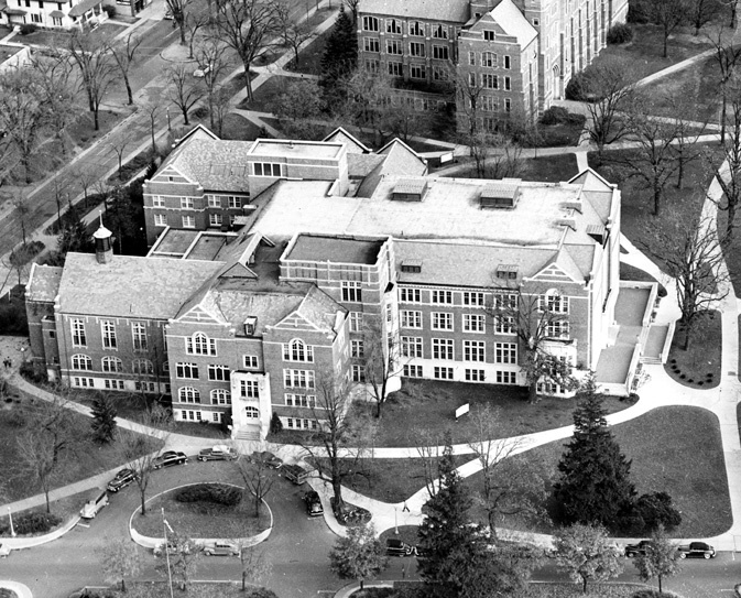 #TBT In honor of the MSU Union's Centennial Celebration, please enjoy this photograph of the Michigan State Union as seen from the air in 1949. The label on the back of the photo reads: "Tom Tryon - State Journal, 1949, Student Union." Happy Centennial Celebrations! #MSUHistory