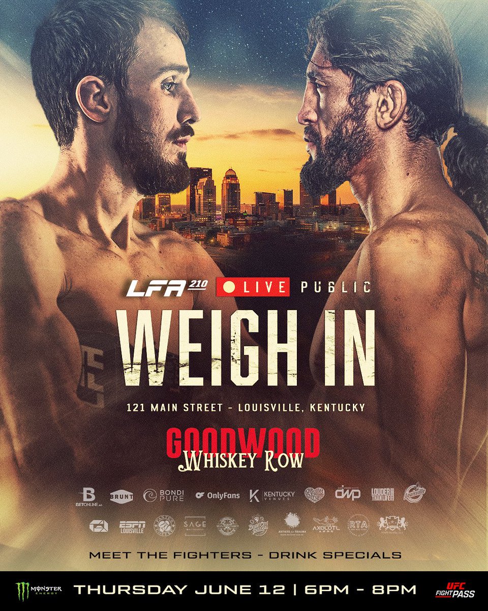 LFAfighting's tweet photo. #LFA210 Weigh In goes down TODAY at #GoodwoodWhiskeyRow in #Louisville #Kentucky

📍 121 Main Street
📅 Thursday, June 12 | 🕕 6PM – 8PM
🤘🏼 Meet the fighters
🍹 Drink specials

Come join us!
#LFANation https://t.co/9jf7XhS1qK