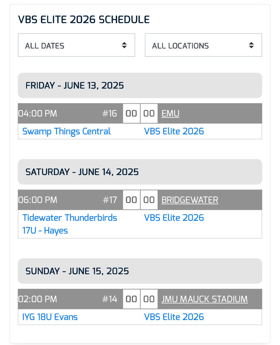 🚨 Update For SAT game now 4PM 🚨 

VBS Elite 2026 Weekend Rotation

FRI 4:00 EMU
SP: Brady Knight (2026)
RP: Jayden Barnard (2026)
RP: Cameron Kerns (2026)

SAT 4:00 Bridgewater
SP: Dylan Apfel (2026)
RP: Xavier Banks (2026)
RP: Harper Sherman (2026)

SUN 2:00 JMU Mauck 
SP: