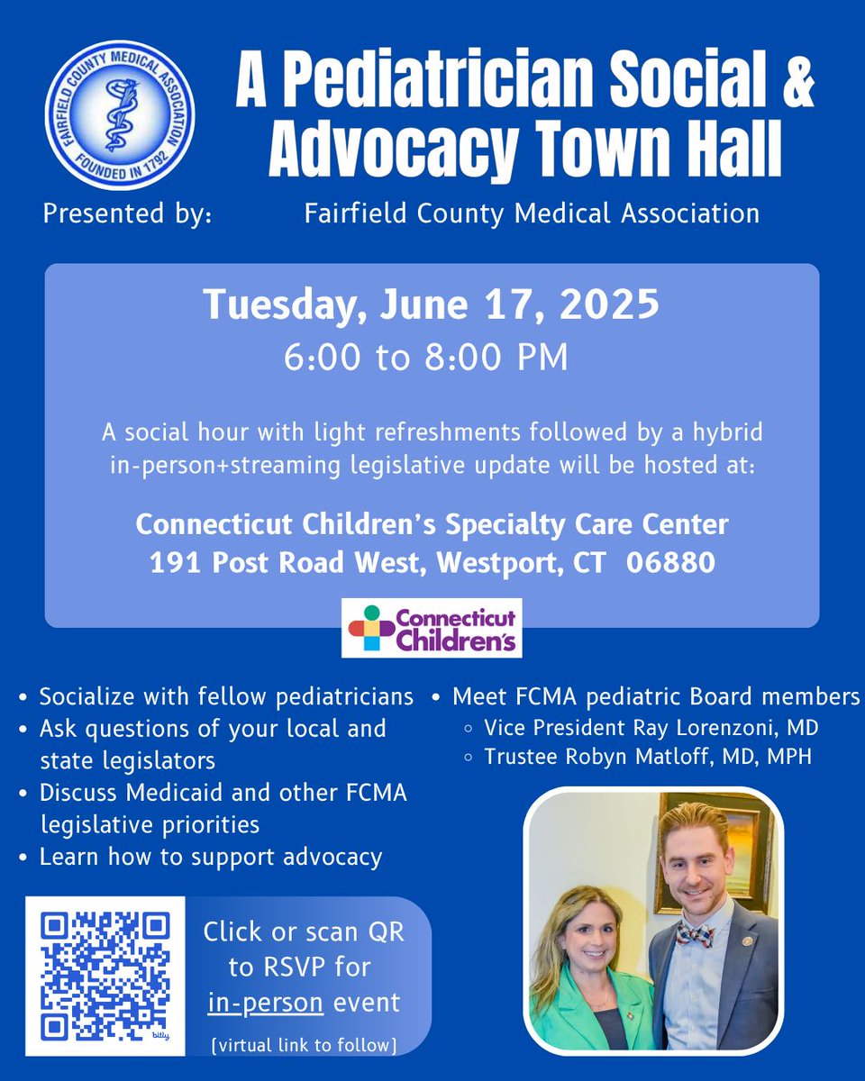FCMA is hosting a Pediatrician Social &amp; Advocacy Town Hall.  It will be held on Tuesday, June 17, at Connecticut Children's Westport Specialty Care Center on 191 Post Road West, Westport from 6:00 to 8:00 PM.  Meet FCMA Trustees Raymond Lorenzoni III, MD, and Robyn Matloff, MD.