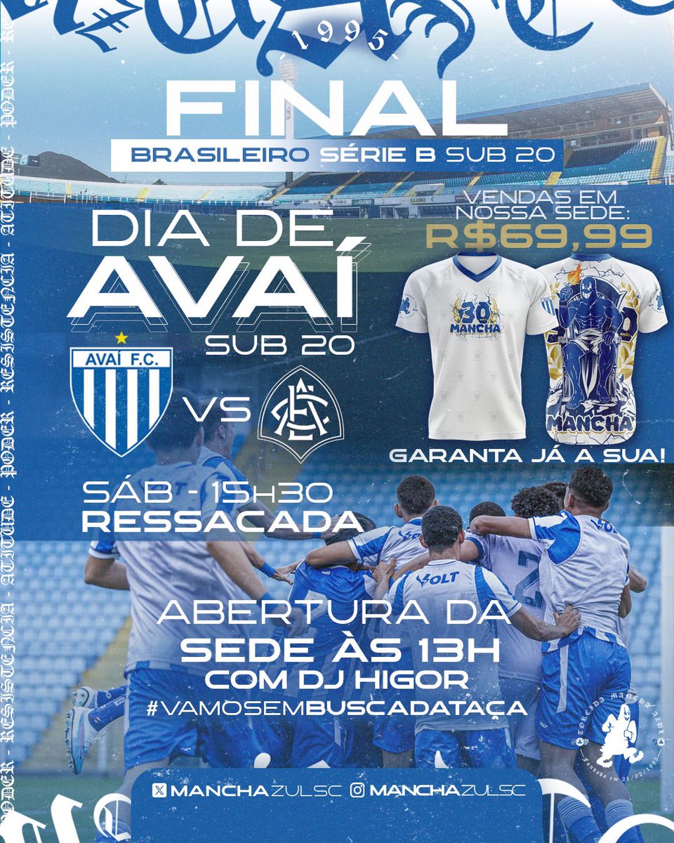 Convidamos todos os Avaianos e Manchistas a estarem presentes neste sábado na Ressacada!

Vamos apoiar a "Raça da Base".

Abertura da sede às 13h. 
DJ Higor tocará antes e após o jogo!

Garanta já sua camisa ingresso por R$ 69,99.

Bar dos Mancha ✅

Dep. de MKT Mancha Azul